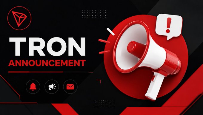 A promotional graphic features a red megaphone with an exclamation mark alert bubble, alongside the TRON logo and bold text reading "TRON ANNOUNCEMENT," visually emphasizing the launch of the GreatVoyage-v4.8.2 update and its EVM-compatible improvements to the TRON blockchain ecosystem.