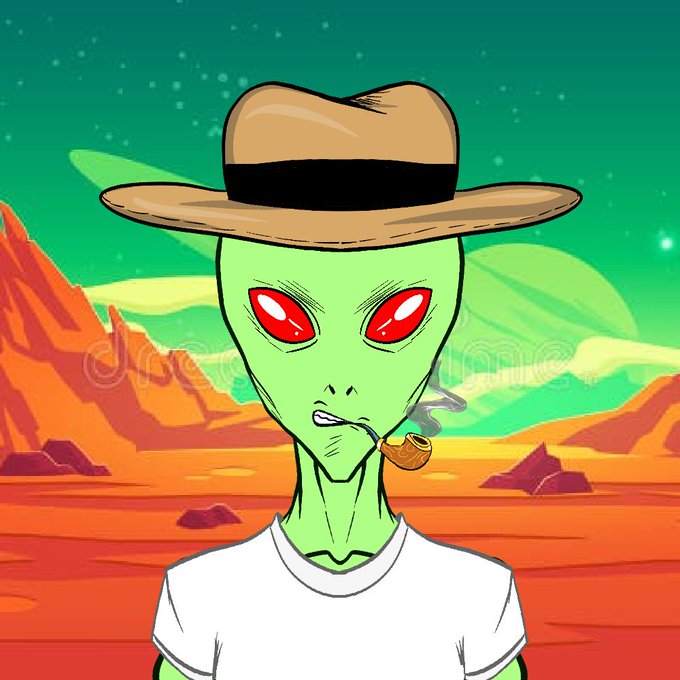 A green alien wearing a cowboy hat and smoking a pipe stands in a desert landscape, matching the playful "Robin Aliens" NFT collection being minted for free at robinaliens.xyz with a limited supply of 999.