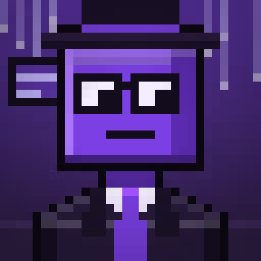 A pixel art character with a purple blocky head, white square eyes, and a black hat, resembling a stylized vampire.
