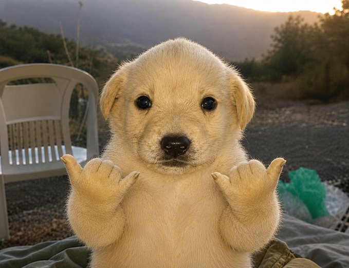 An adorable light-colored puppy holds up its paws in a shrugging gesture outdoors at sunset.