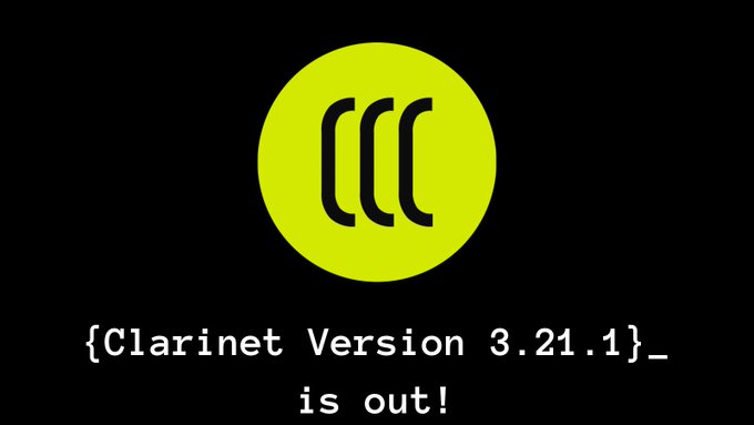 A black announcement graphic with a lime green circular logo containing 'CCC' symbol, reading '{Clarinet Version 3.21.1}_ is out!'.
