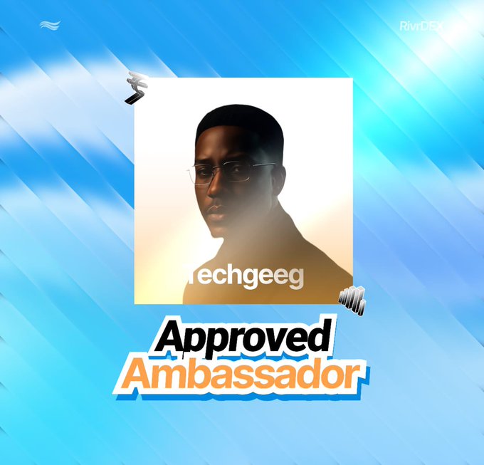 A promotional graphic featuring a portrait of a person wearing glasses with the text "Techgeeg" below, overlaid on a blue background with "Approved Ambassador" displayed prominently. The image serves as a welcome announcement celebrating Techgeeg's acceptance into Cohort 1 as an approved ambassador.