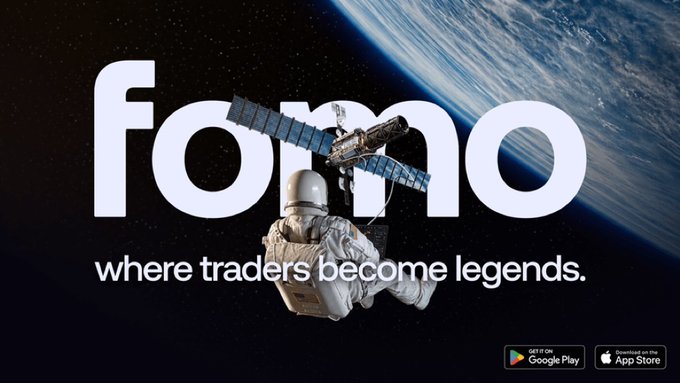 An advertisement for the Forno app featuring an astronaut with a satellite in space and Earth in the background, with the tagline 'where traders become legends.' and Google Play/App Store download badges.