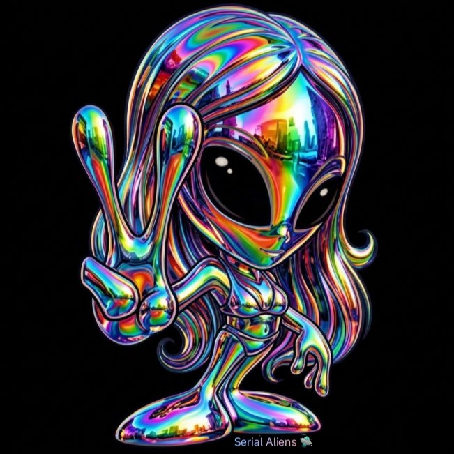 A vibrant, iridescent cartoon alien with large black eyes flashes a peace sign against a black background, with "Serial Aliens" and the signature "davidalexp7" at the bottom. The colorful artwork directly represents the "Serial Aliens" collection mentioned in the post, promoting the hand-made digital NFT series available on the objkt marketplace.