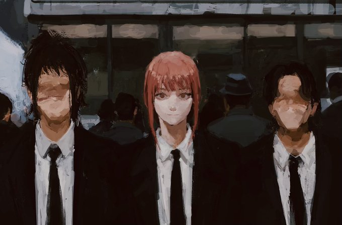 Three anime-style figures in black suits and ties stand in a dim crowd, with the central red-haired girl rendered in detail while the flanking men are obscured and impressionistic, evoking a sense of standing out as the lone clear-eyed participant among shadowy players—a fitting visual metaphor for the post's warning about being the only "real" actor navigating a standardized, industrialized crypto scheme where everyone else has systematized the playbook for profit.