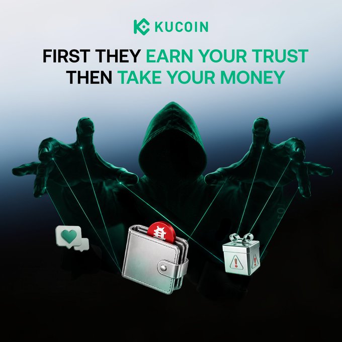A KuCoin graphic warning about "Pig Butchering" scams features a shadowy hooded figure manipulating a marionette wallet with strings, symbolizing how scammers control victims' crypto funds after gaining their trust. The headline reads "FIRST THEY EARN YOUR TRUST THEN TAKE YOUR MONEY," visually reinforcing the post's message about social engineering tactics that lure users into voluntarily transferring assets off-exchange.