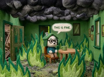 A felt-style diorama shows a figure with glasses calmly drinking coffee in a chair surrounded by flames, with a speech bubble reading "THIS IS FINE." The meme humorously captures the post's message about imminent culture plays on Robinhood Chain—portraying a relaxed attitude despite a chaotic, burning environment signaling it's "coming sooner than you think."
