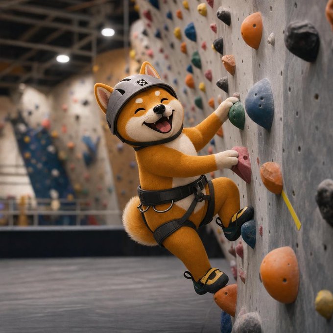 An adorable Shiba Inu mascot wearing a climbing helmet and harness scales an indoor rock wall with determination, mirroring the "Fight for the future of X Layer" rallying cry of the $LAIKA community and the resilience needed to climb the $5M RWA Ecosystem Liquidity Incentive Program mountain.