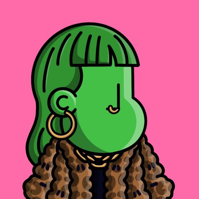 A stylized illustration features a green-skinned female figure with a bob haircut and a gold hoop earring, wearing a leopard-print fur coat against a bright pink background. The image visually represents the "NPC" (Non-Player Character) concept referenced in the post, with its cartoonish, generic appearance and diamond-shaped earrings evoking the Deadfellaz NFT aesthetic.