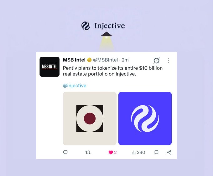 A graphic headed “Injective” displays an MSB Intel post stating, “PentiV plans to tokenize its entire $10 billion real estate portfolio on Injective,” alongside the Injective logo.