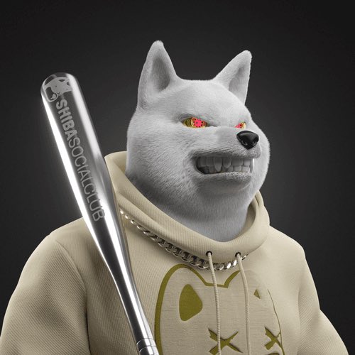 A 3D rendered white wolf character wearing a beige hoodie and holding a silver baseball bat engraved with 'SHIBA SOCIALCLUB'.
