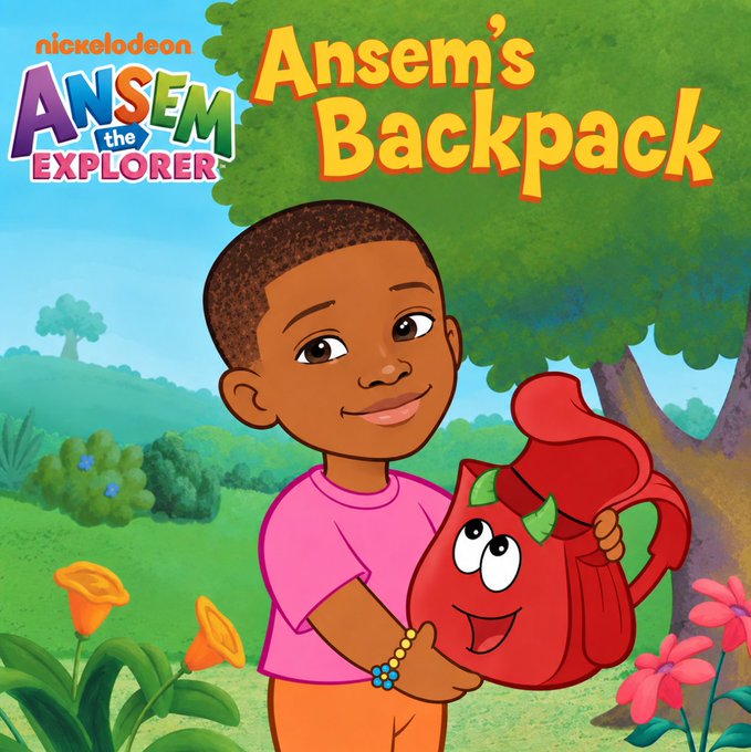The image shows a children's book cover titled "Ansem's Backpack" from Nickelodeon's "Ansem the Explorer" series, featuring a young boy smiling while holding a red backpack with a face. The image appears to be a playful, ironic visual reference to the crypto influencer Ansem, contrasting his serious commentary about Backpack's infrastructure-first approach in tokenized stocks with a literal children's "Ansem's Backpack" character holding an actual backpack.