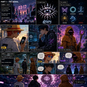The image is a comic-strip-style crypto promotional narrative titled "PART 1 - THE SIGNAL" featuring characters representing the NTRPY ecosystem, with visible branding including "NTRPY," "GOLDEN," "YELLOW," "ZYX," "PROTOS," "JAY," "DEEP," and "NOMI," alongside dialogue about visions and night city scenes that visually narrates the post's story about exploring the NTRPY world through three characters on three different paths.