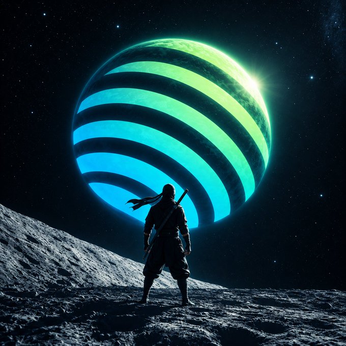 Digital art of a warrior silhouette with a sword standing on a rocky lunar surface, gazing at a large glowing blue-green striped planet in a starry sky.