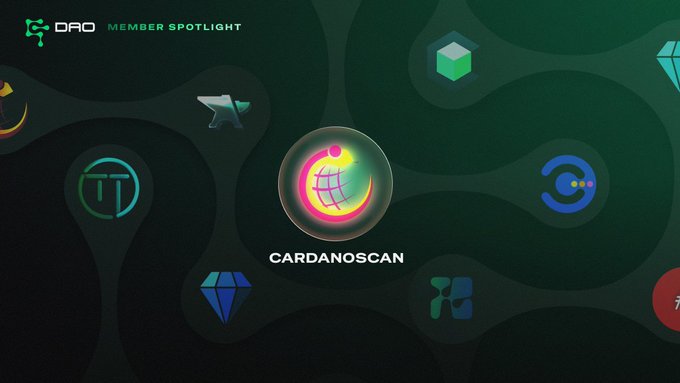 The image features a vibrant graphic design with various shapes, including diamonds, hearts, and circles, arranged in a grid-like pattern against a green background. The text "Cardanoscan" is prominently displayed at the center of the image, along with the words "Member Spotlight", "Cardanoscan Every ecosystem needs trusted infrastructure.", and "Cardanoscan is part of the foundation powering Cardano every day."