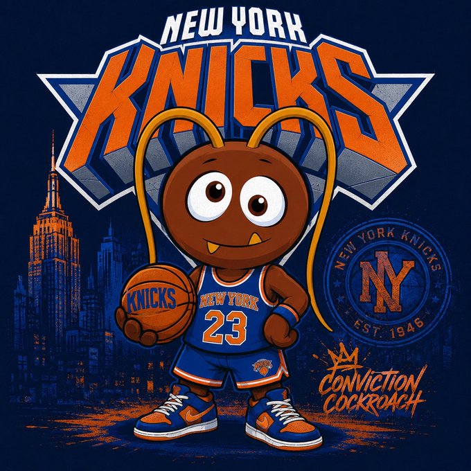 A stylized graphic featuring a cartoon cockroach mascot wearing a New York Knicks #23 jersey, with "NEW YORK KNICKS" text, the team logo, and "Conviction Cockroach" branding against a NYC skyline.