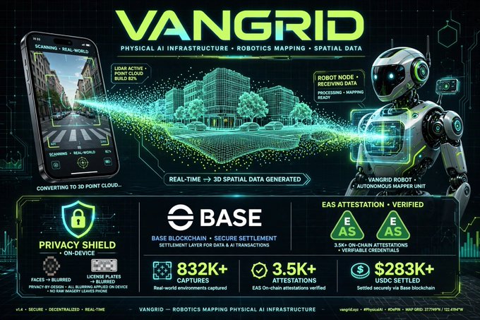 A promotional infographic for 'VANGRID' showcasing Physical AI Infrastructure, Robotics Mapping, and Spatial Data, featuring stats like 832K+ captures, 3.5K+ attestations, and $283K+ USDC settled on the Base blockchain.