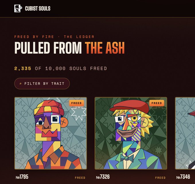 A dark-themed NFT gallery interface titled 'CUBIST SOULS' shows 'PULLED FROM THE ASH' and 'FREED BY FIRE - THE LEDGER', displaying '2,335 OF 10,000 SOULS FREED' alongside cubist-style character portraits labeled No.1795, No.7326, and No.7348.