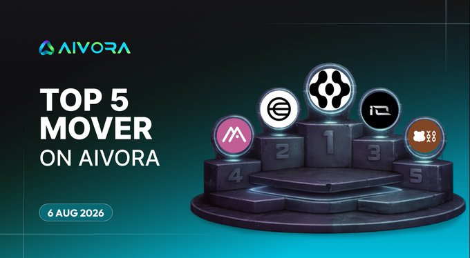 A promotional graphic for 'AIVORA' dated 6 AUG 2026, displaying 'TOP 5 MOVER ON AIVORA' with a 3D podium ranking five different cryptocurrency token logos.