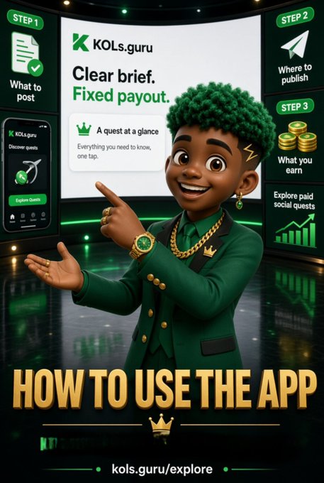 A 3D-rendered character with green hair in a green suit presenting the "KOLs.guru" app. Steps shown: Step 1 (What to post), Step 2 (Where to publish), Step 3 (What you earn), with the text "HOW TO USE THE APP" and the URL kols.guru/explore.