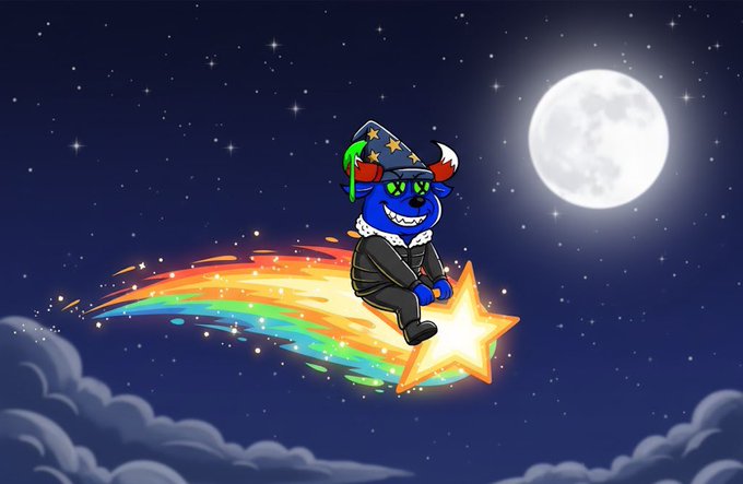 A cartoon illustration of a blue character wearing a wizard hat riding a rainbow shooting star across a starry night sky with a full moon.
