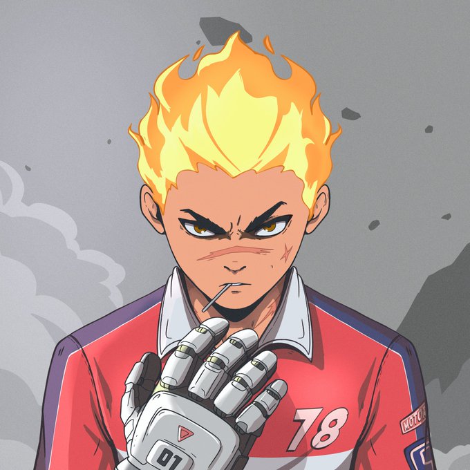 An anime-style illustration of a young man with flaming yellow-orange hair, a scar on his cheek, a robotic hand, and wearing a red jacket with the number '78' and 'MOTO' visible on it, with smoke in the background.