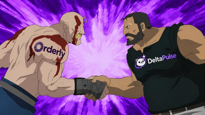 Two muscular cartoon figures, one with "Orderly" branded on his shoulder and the other wearing a "DeltaPulse" shirt, face off in a tense handshake over a futuristic gauntlet against a purple energy backdrop—visually symbolizing the powerful new partnership between the two platforms for seamless cross-exchange funding-rate arbitrage.