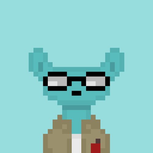 A pixel art image depicts a teal alien-like character wearing black sunglasses and a tan jacket over a white shirt, against a teal background.