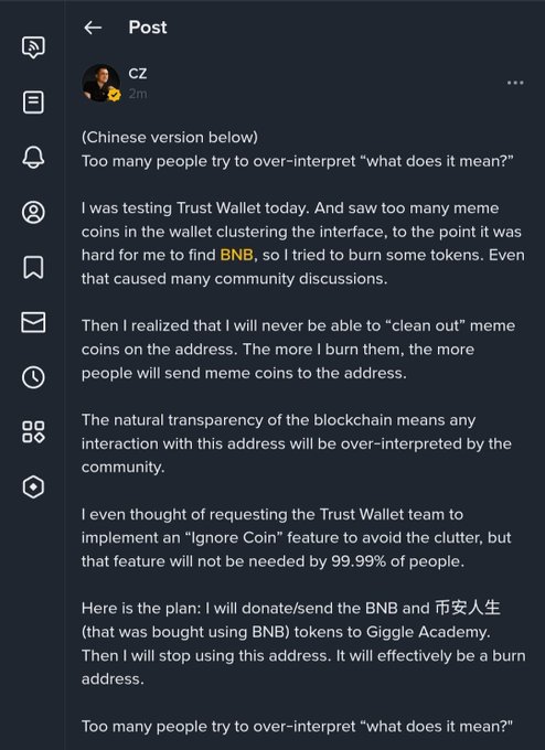 A screenshot of a post by CZ explaining that meme coins in Trust Wallet cluttered his interface, leading him to burn tokens and eventually donate BNB to Giggle Academy to stop using the address.
