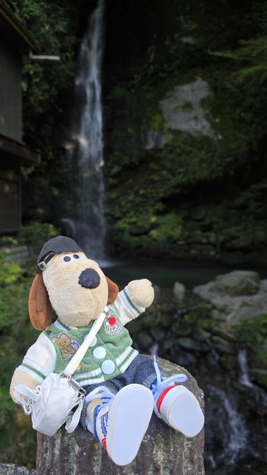 A stuffed dog toy dressed in a green sweater, denim shorts, and sneakers sits on a wooden post in front of a waterfall.