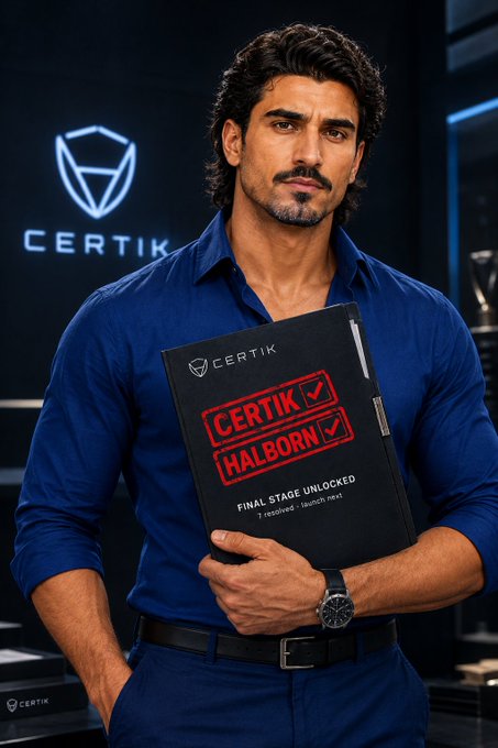 A man in a blue shirt holds a black folder displaying 'CERTIK HALBORN' stamps with 'FINAL STAGE UNLOCKED' text, standing in front of a Certik logo.