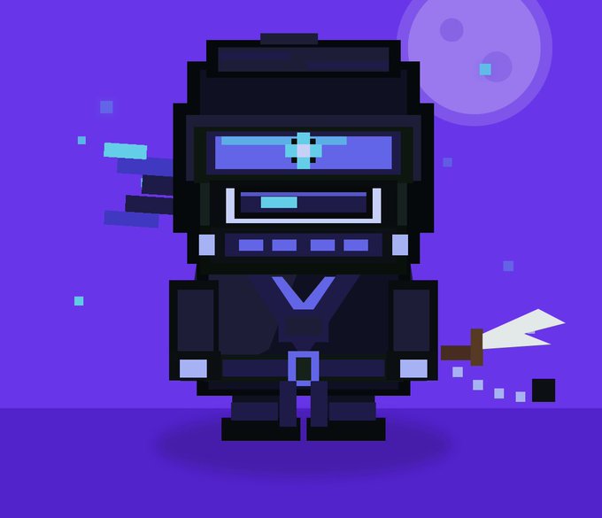 A pixel art illustration of a black-clad ninja or assassin character with a glowing blue visor, holding a dagger against a purple background with floating squares.