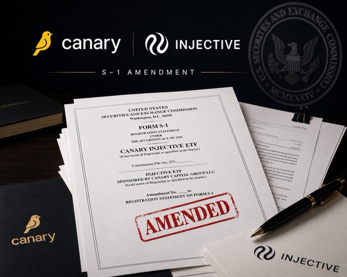 The image shows an amended Form S-1 registration statement filed with the U.S. Securities and Exchange Commission by Canary Capital Group LLC for the "Canary Injective ETF," stamped with a red "AMENDED" seal and featuring the Canary and Injective logos alongside the SEC seal. The visual supports the post by illustrating the regulatory filing update for the proposed INJS-ticker staked INJ ETF.