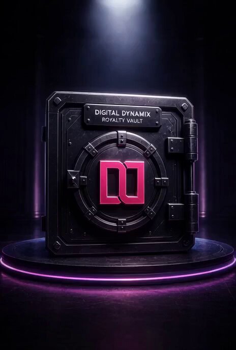 The image features a black box with a pink logo that says "Digital Dynamix" on it. The box appears to be a digital vault or storage container, possibly used for royalty collection or other purposes related to digital assets. The background of the image is dark and purple, which contrasts with the black box and adds depth to the scene. There are no texts present in the image, so we can only see the box and its surroundings.