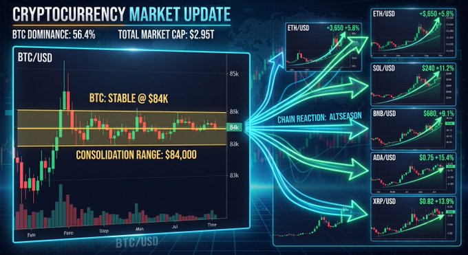 A 'CRYPTOCURRENCY MARKET UPDATE' graphic showing a BTC/USD candlestick chart indicating 'BTC: STABLE @ $84K' and 'CONSOLIDATION RANGE: $84,000', with arrows pointing to individual charts showing positive gains for ETH/USD, SOL/USD, BNB/USD, ADA/USD, and XRP/USD.