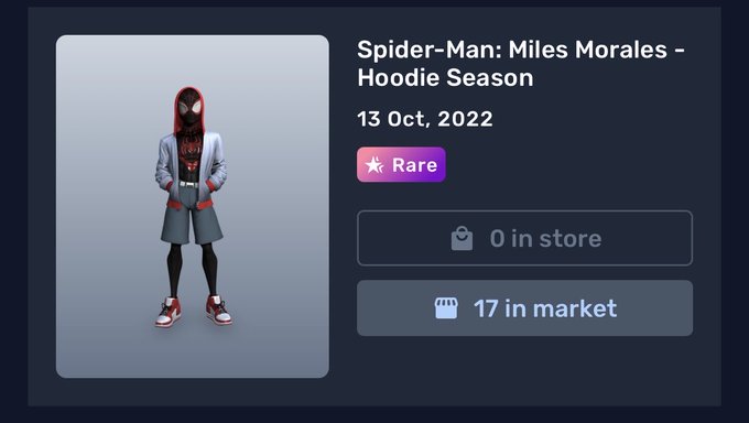 A digital marketplace listing showing a 'Spider-Man: Miles Morales - Hoodie Season' skin dated 13 Oct, 2022, marked as Rare, with 0 in store and 17 in market.