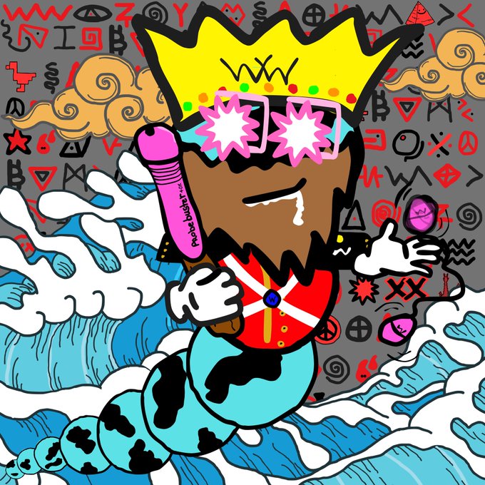 A colorful, cartoon-style digital drawing of a character with dark skin, a yellow crown, pink star-shaped sunglasses, and a jagged black beard. The figure is riding a blue and black sea creature through crashing waves, holding a pink microphone, against a grey background filled with symbols.