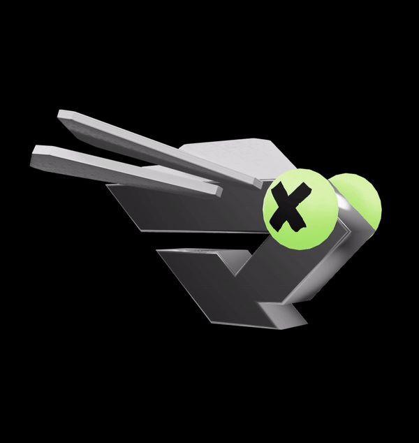 A 3D rendering of a gray angular mechanical figure with green spherical accents featuring black 'X' marks, set against a black background.