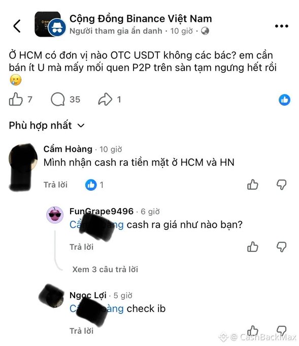 Screenshot of a Facebook post in 'Cộng Đồng Binance Việt Nam' group where a user asks for OTC USDT sellers in Ho Chi Minh City, with comments offering cash transactions.