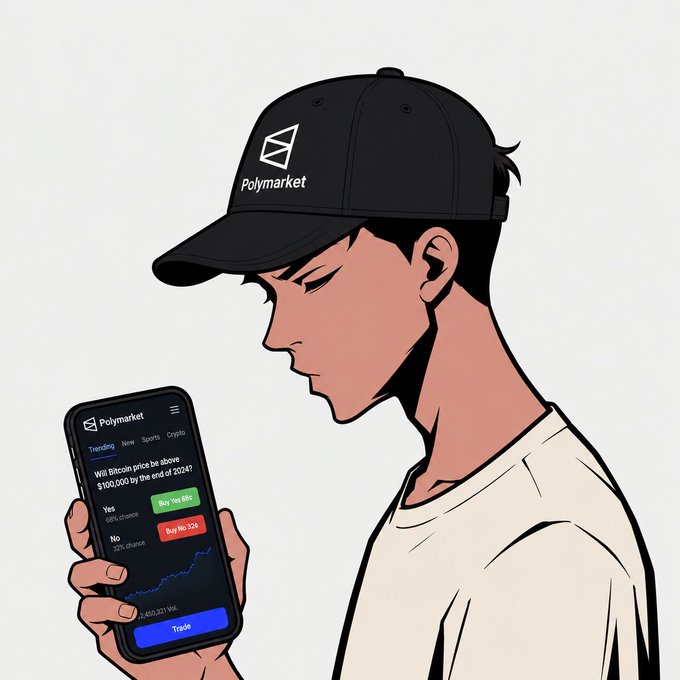 An illustrated young man wearing a black 'Polymarket' branded cap looks down at his smartphone displaying the Polymarket app, showing a betting market titled 'Will Bitcoin price be above $100,000 by the end of 2024?' with 'Yes' at 68% and 'No' at 32%.