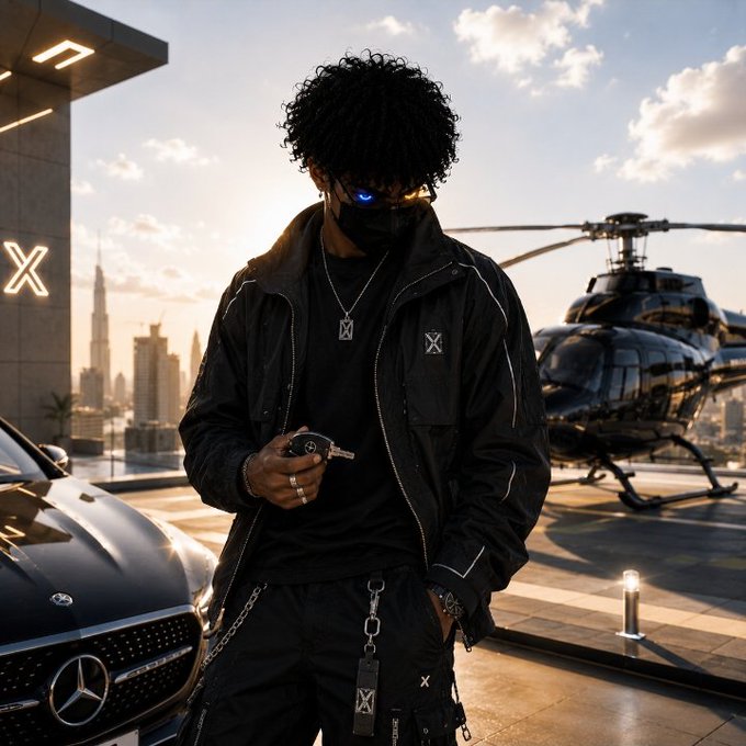 A stylish person with curly hair wearing a black jacket, mask, and sunglasses stands in front of a luxury car and helicopter with a city skyline in the background.