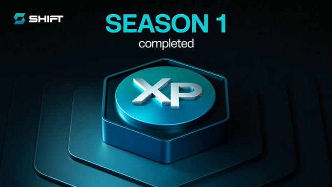 A digital graphic announcing 'SEASON 1 completed' with a glowing blue hexagonal XP token, featuring the 'SHIFT' logo in the top left corner.