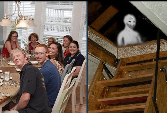 A split image shows a group of people smiling around a dinner table on the left, and a creepy, pale humanoid figure lurking at the top of a wooden staircase in the dark on the right.