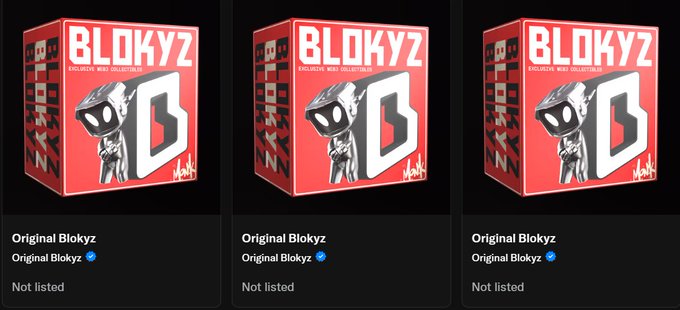 Three identical NFT listings displayed side by side showing 'BLOKYZ' red boxes with the 'Original Blokyz' title and 'Not listed' status.