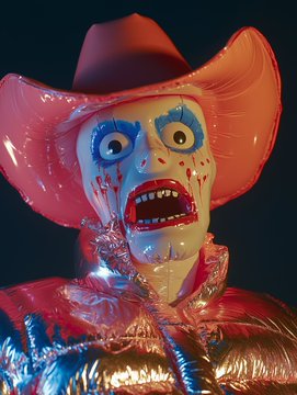 A creepy clown mask with red lips, sharp teeth, and a red cowboy hat is shown in a dark setting.