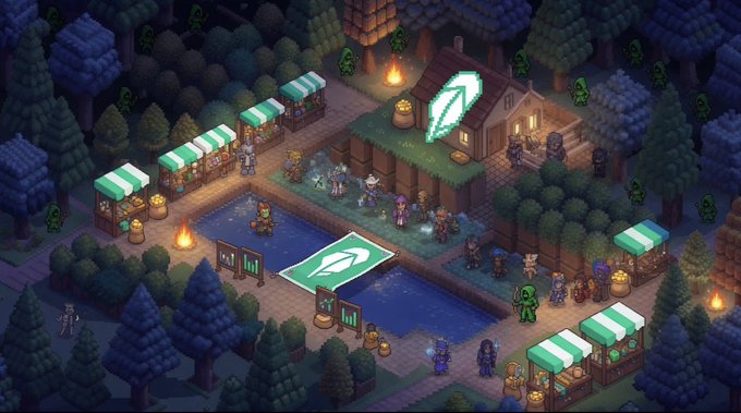 A pixel art scene of a nighttime village marketplace with vendor stalls, characters, and glowing green leaf icons floating above a central building.