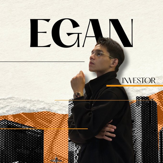 The image is a promotional graphic featuring a man in a black jacket and glasses standing with arms crossed against a stylized cityscape backdrop, with bold text reading "EGAN" and "INVESTOR" displayed prominently. The graphic visually represents Egan Research, the cryptocurrency educator highlighted in the accompanying post about building a community-focused hub for crypto knowledge.