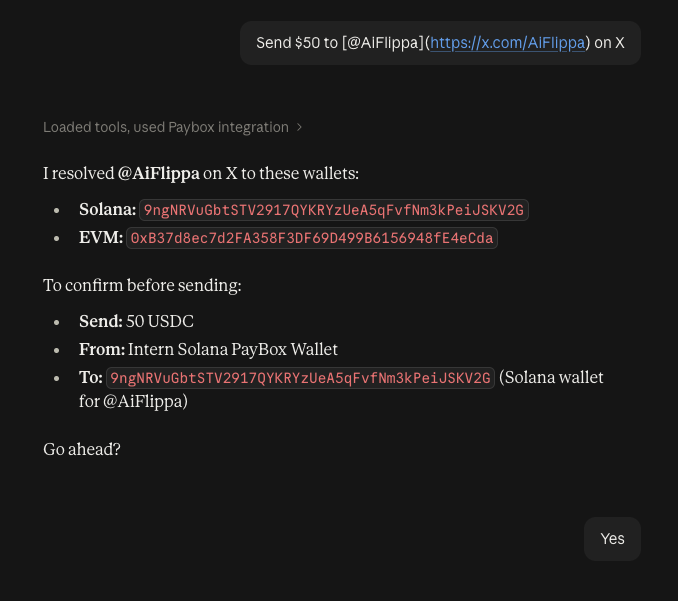 A dark-themed chat interface showing an AI assistant (likely Claude) confirming a $50 USDC transaction to be sent to @AIFlippa on X via Solana Paybox, with both Solana and EVM wallet addresses displayed.