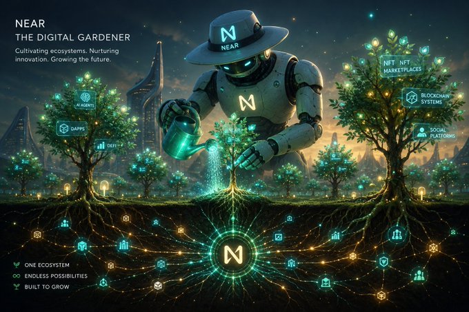 A NEAR Protocol promotional image titled 'NEAR THE DIGITAL GARDENER,' depicting a robot gardener nurturing glowing digital trees representing AI Agents, DApps, DeFi, NFTs, Blockchain Systems, and Social Platforms.