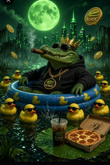 A cool crocodile wearing sunglasses and a gold crown smokes a cigar while lounging in a duck-patterned kiddie pool, surrounded by rubber ducks wearing sunglasses in a moonlit swamp city, with pizza and a "$CROC" iced drink on a lily pad nearby, as "$CROC" coins and a "$CROC" medallion hang in the air—perfectly matching the relaxed, unbothered "$CROCMOB" vibe where CROC is the king chilling in the pool while other investors anxiously check their charts.